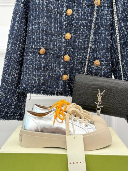 2025 Women Marni Silver Leather Thick Sole Retro Style Platform Sneakers LY00360(F)