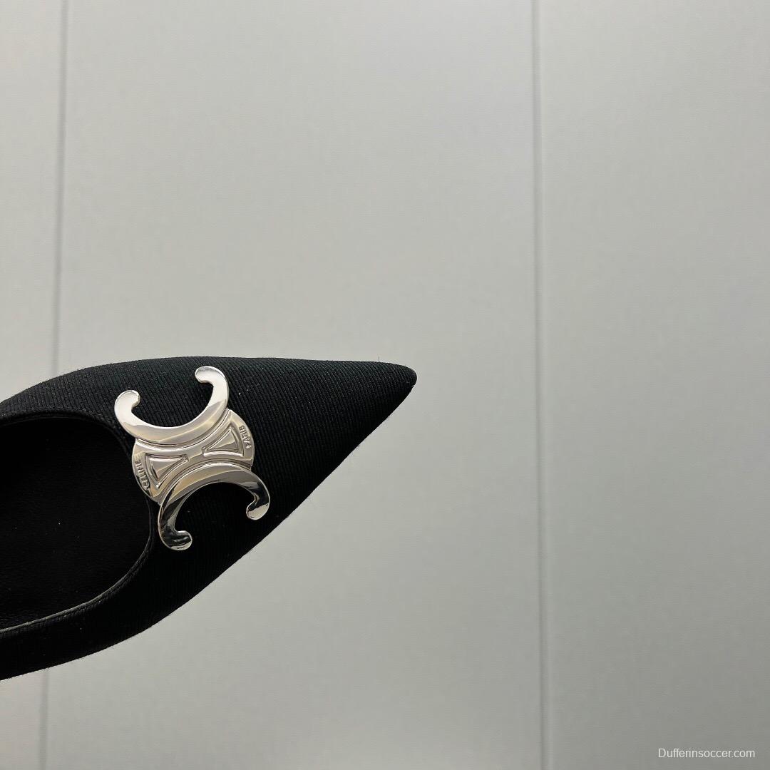 2025 Women Celine Black Fabric Pointed Toe Metal Buckle Pumps