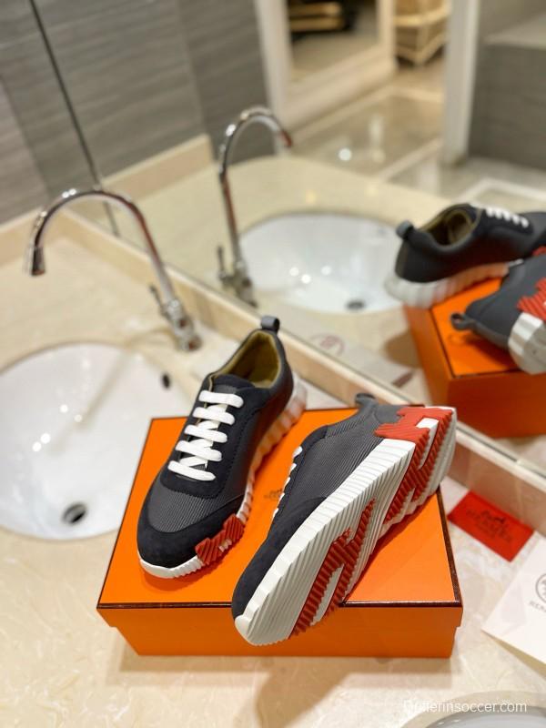 2024 Unisex Hermès Black Gray Imported Calfskin Rainproof Fabric Sneakers MJ00320