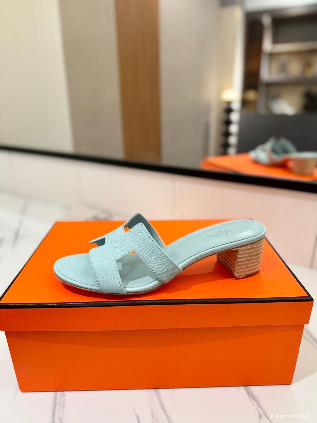 2025 Women Hermès Light Blue Leather Sandals