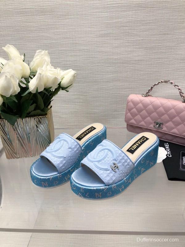 2025 Women Chanel Blue White Fabric Platform Slide Sandals LY00320