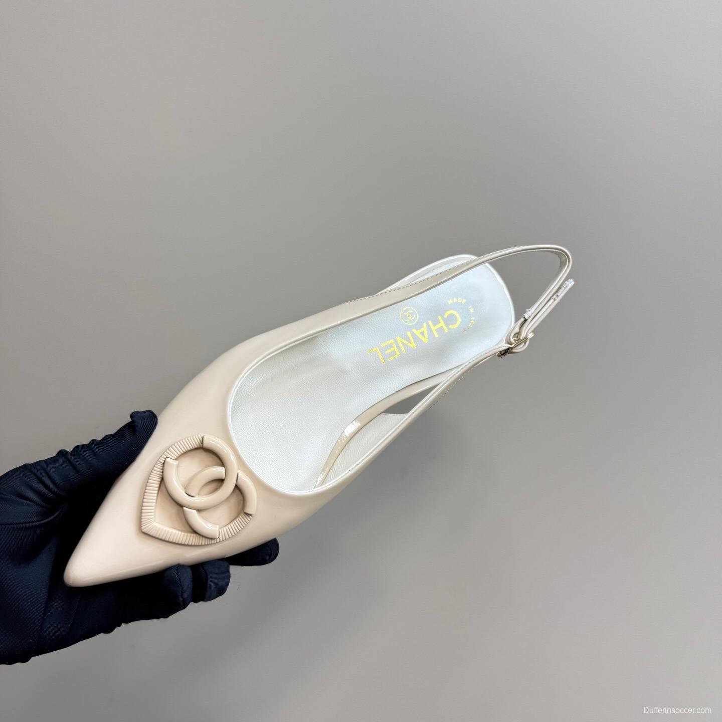 2025 Women Chanel Beige Patent Leather Slingback Heels KFY00290