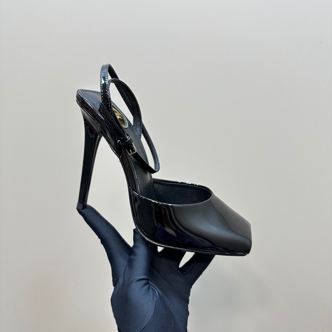 2025 Women Yves Saint Laurent Black Patent Leather High Heel Sandals