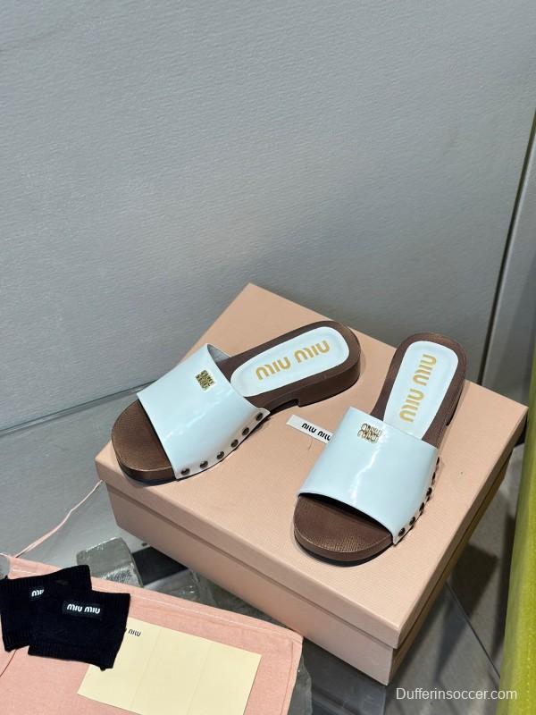 2025 Women Miumiu White Leather Slippers