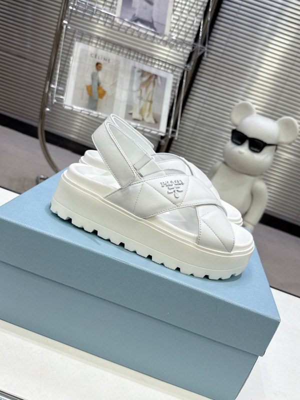 2025 Women Prada White Leather Sandals KFY00280