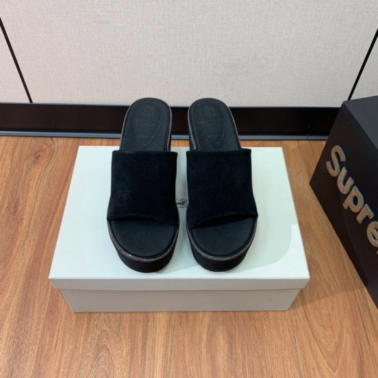 2025 Women BRUNELLO CUCINELLI Black Suede Platform Slide Sandals Casual Craftsmanship KFY00275(F)