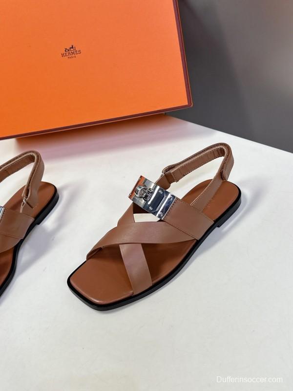 2025 Women Hermès Brown White Calfskin Leather Sandals Metal Hardware KFY00300