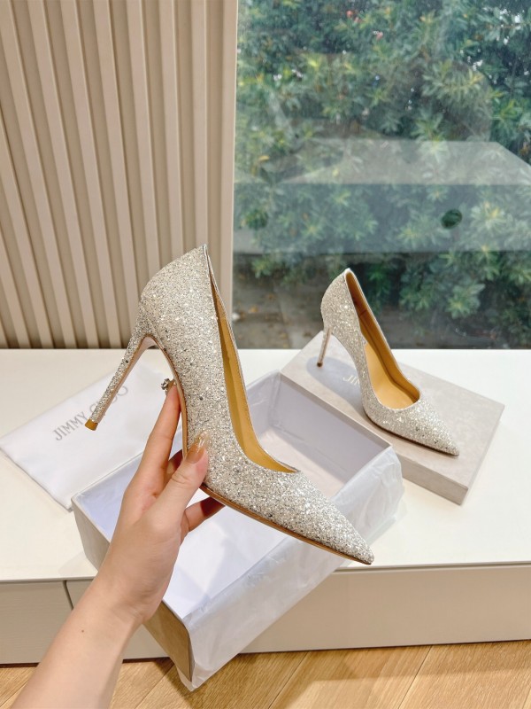 2025 Women Jimmy Choo Silver Glitter Leather Pointed Toe Pumps KFY00280