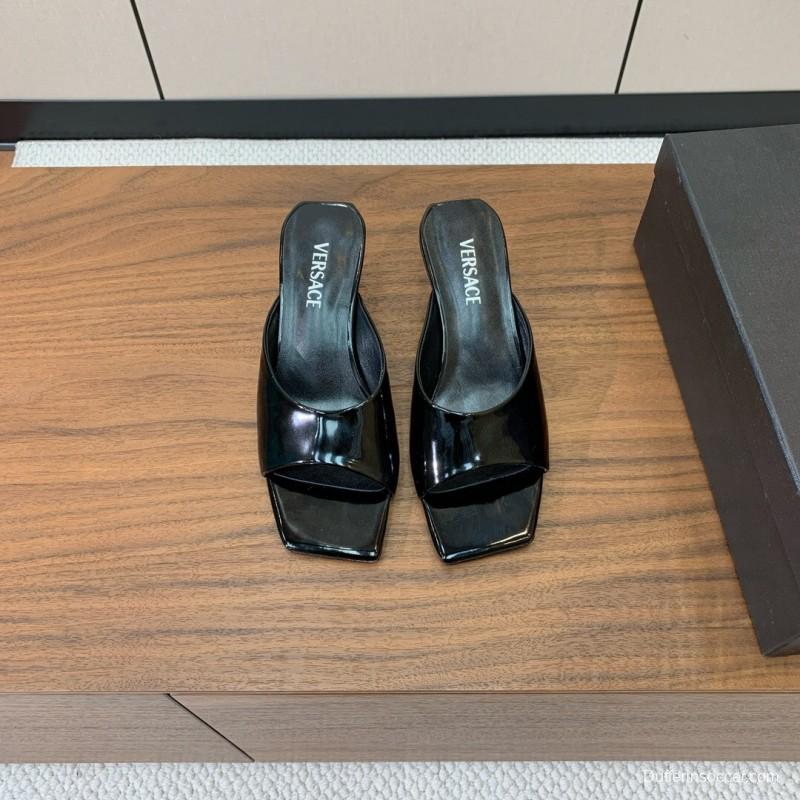2025 Women VERSACE Black Patent Leather Slippers