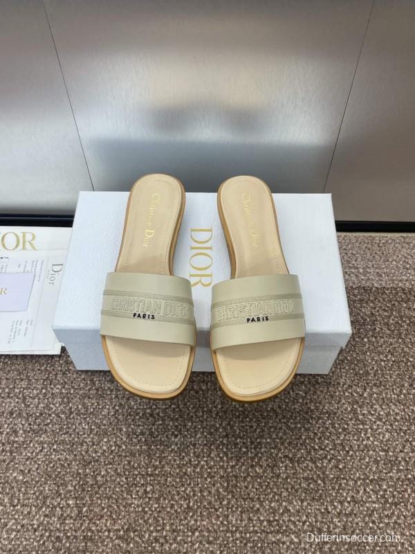 2025 Women Dior Beige Leather Slippers Embroidered KFY00300