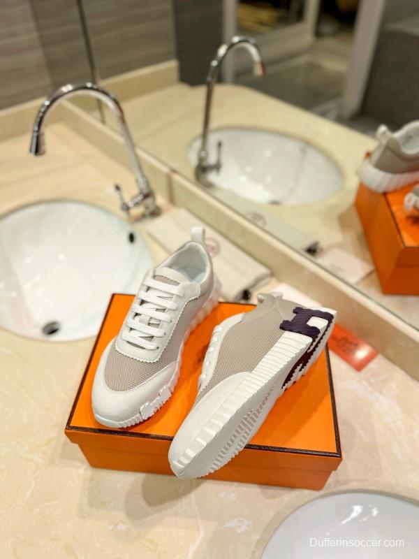 2024 Women Hermès White Beige Mesh Leather Sneakers MJ00320