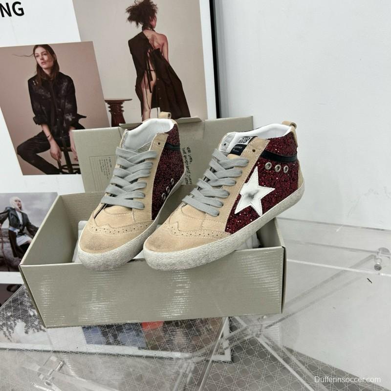 2024 Unisex GGDB Burgundy Beige Glitter Leather High Top Sneakers MJ00300