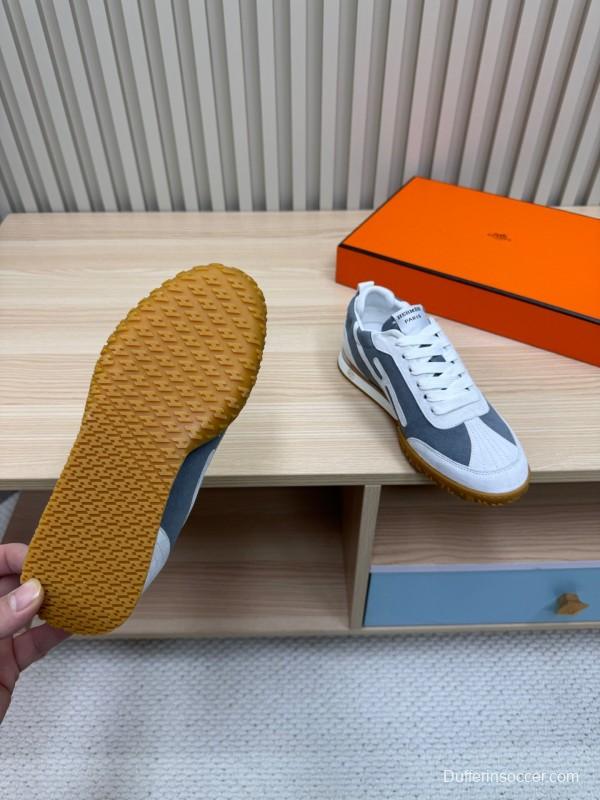 2025 Unisex Hermès White Grey Suede Down Fabric Sneakers Top Version LY00310