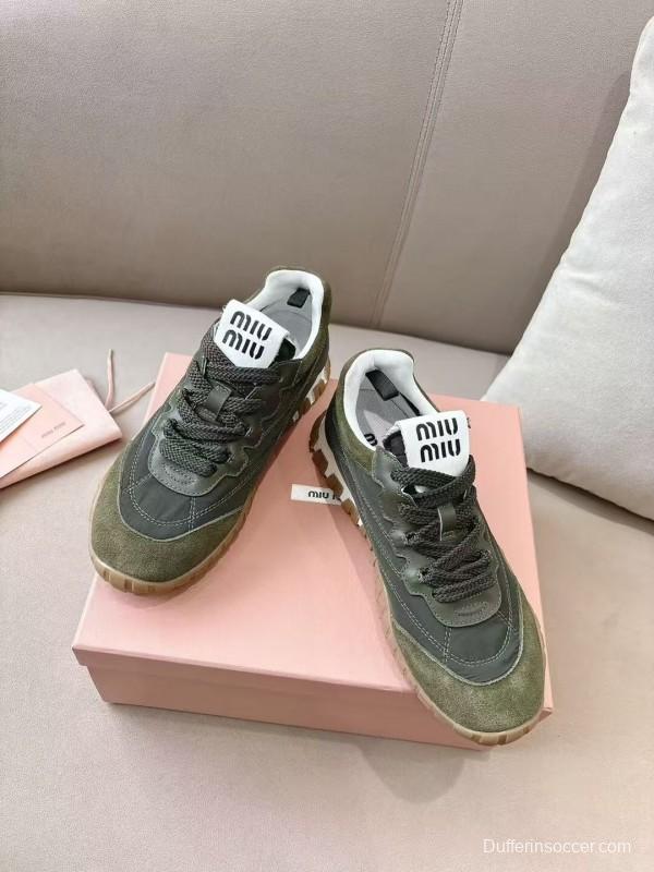 2025 Women Miu Miu Olive Green Suede Leather Sneakers KFY00280