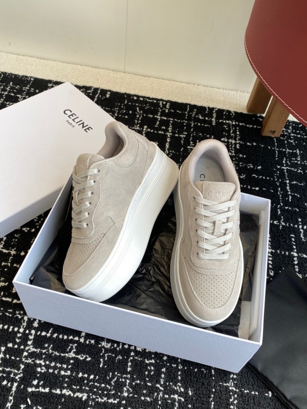 2025 Women Celine Beige Suede Platform Sneakers CELINE Embroidery