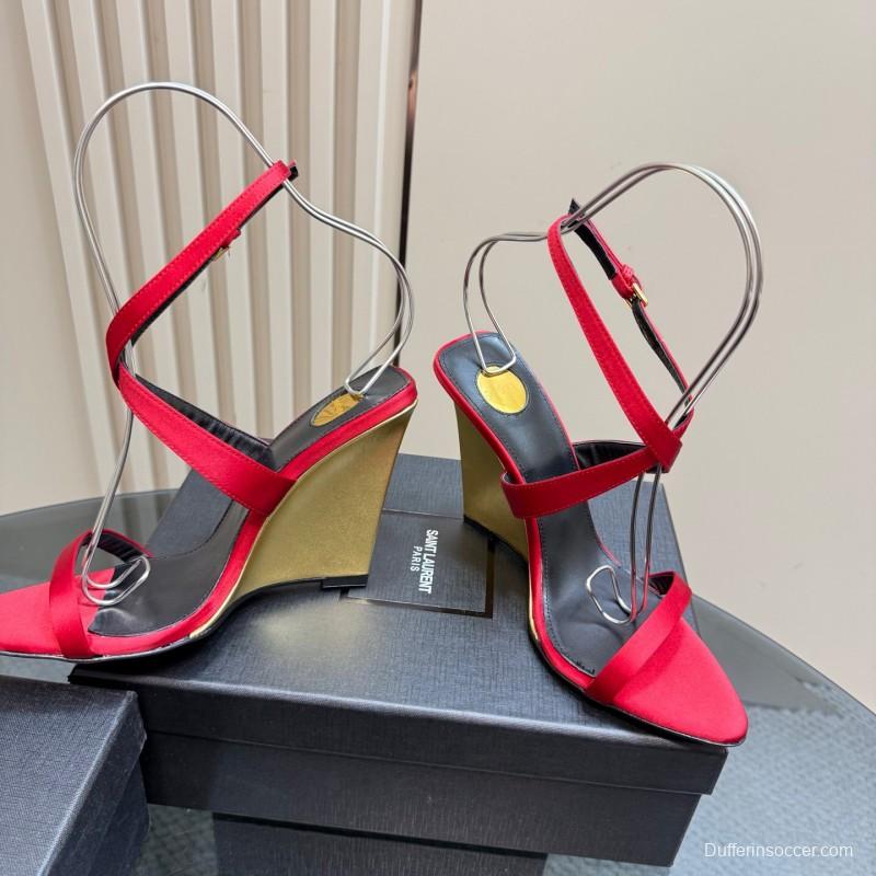 2025 Women Yves Saint Laurent Red Silk Wedge Sandals Elegant Craftsmanship LY00360(F)