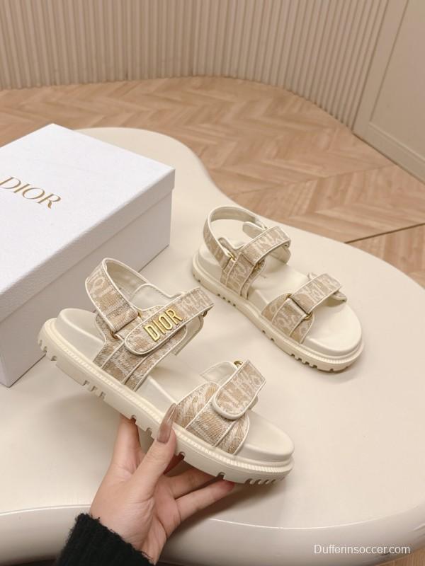 2025 Women Dior Beige Canvas Sandals Magic Tape LY