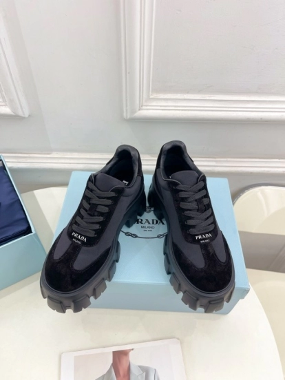 2025 Unisex Prada Black Suede Leather Sneakers KFY00310(F)/KFY00330(M)