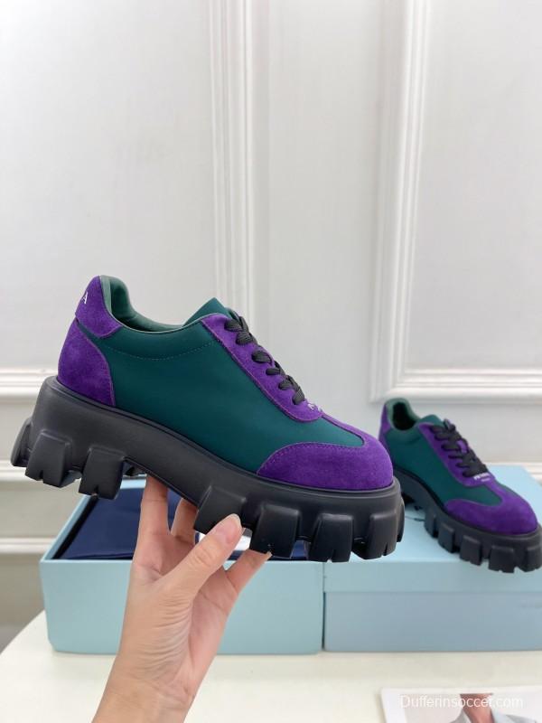 2025 Unisex Prada Purple Green Suede Silk Sneakers KFY00310(F)/KFY00330(M)