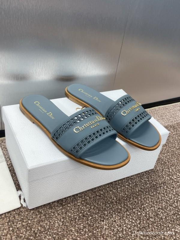 2025 Women Dior Blue Leather Slippers KFY00300