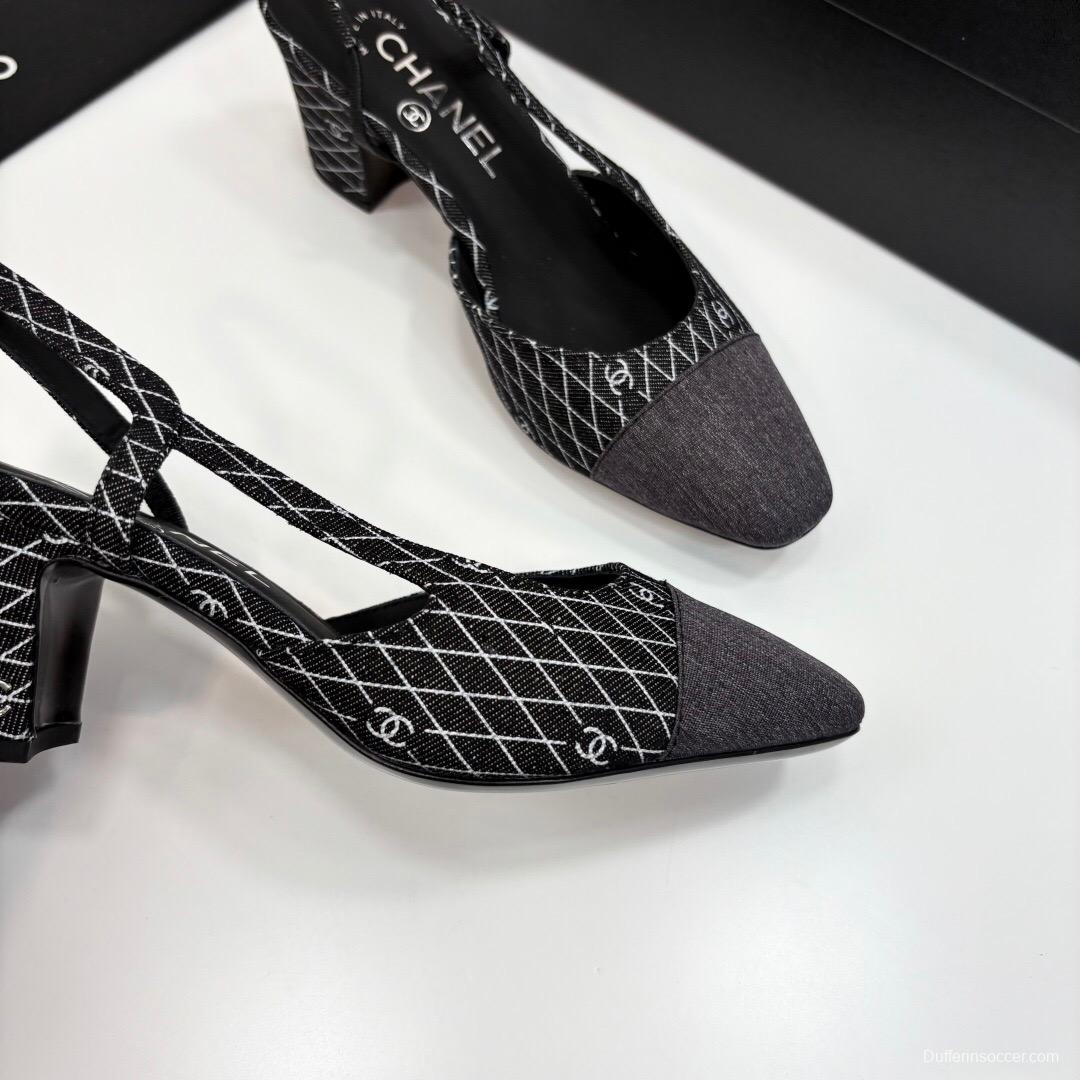 2025 Women Chanel Black White Fabric Slingback Heel LY00240