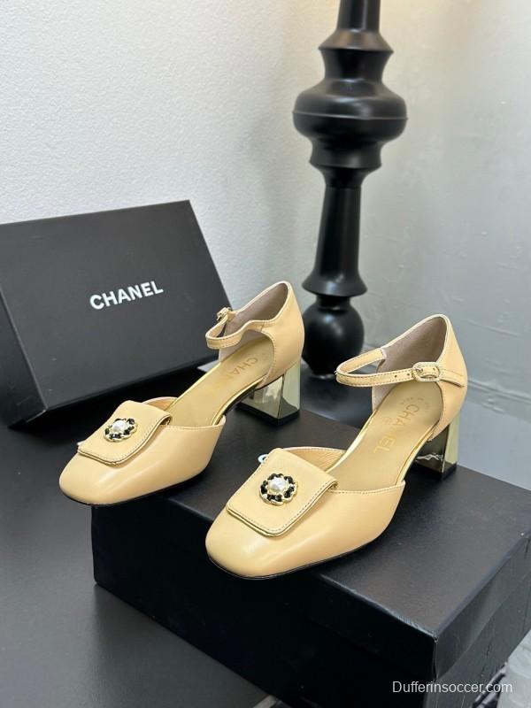 2025 Women CHANEL Beige Lambskin Mid Heel Ankle Strap Square Toe Pumps