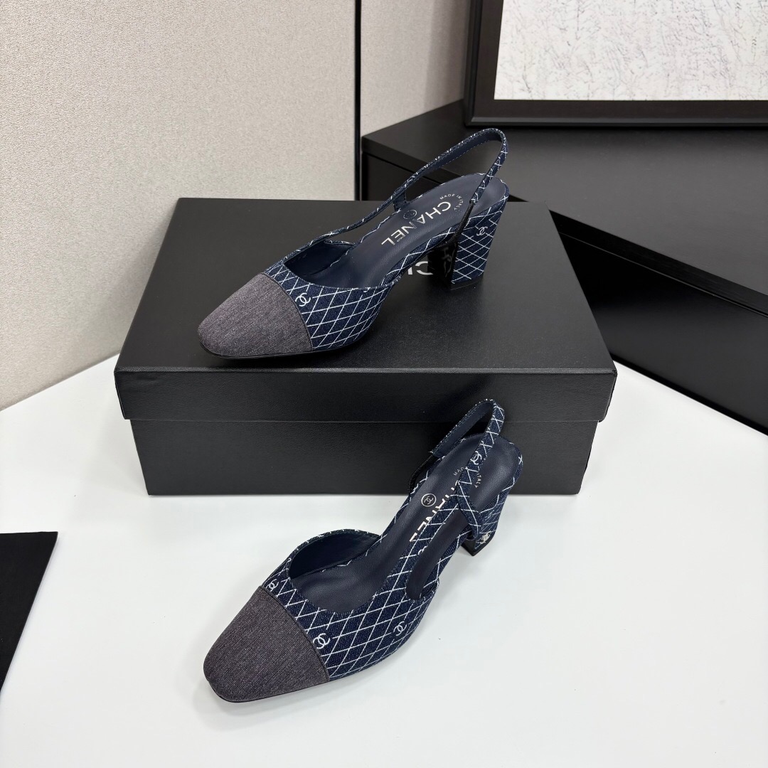 2025 Women Chanel Blue Grey Denim Leather Slingback LY00240