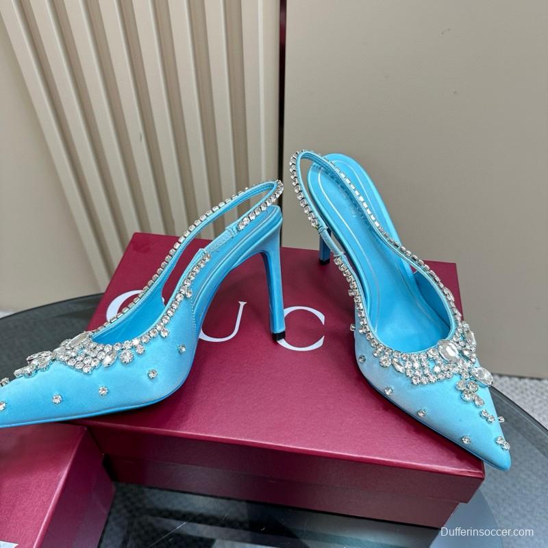 2025 Women Gucci Blue Silk Crystal Embellished Slingback Pumps MJ00340