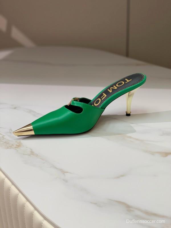 2025 Women TOM FORD Green Gold Leather Pointed Toe Mules KFY00300