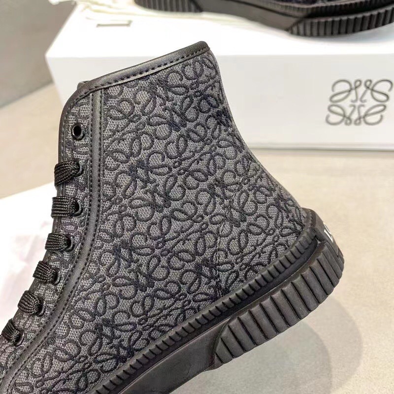 2025 Women Loewe Black Fabric Leather High-Top Sneakers LY00291