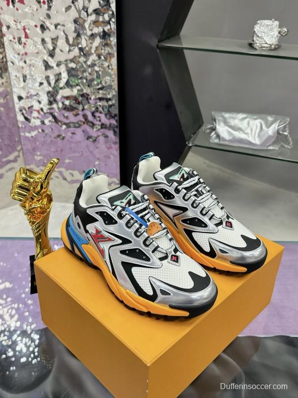 2025 Men Louis Vuitton White Black Blue Leather Mesh Sneakers MJ00420