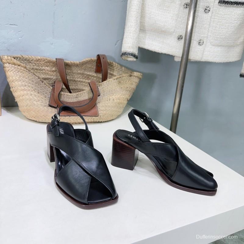 2025 Women Lemaire Black Leather Block Heel Sandals