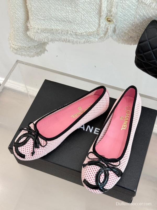 2025 Women Chanel Pink Black Mesh Ballet Flats KFY00260