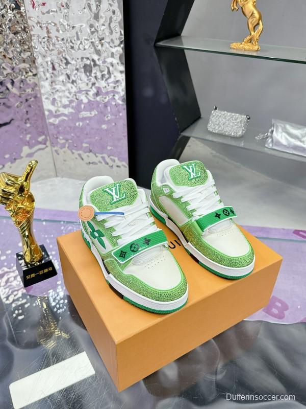2025 Unisex Louis Vuitton Green White Leather Fabric Plimsolls Handmade Crystal Detailing AS00400