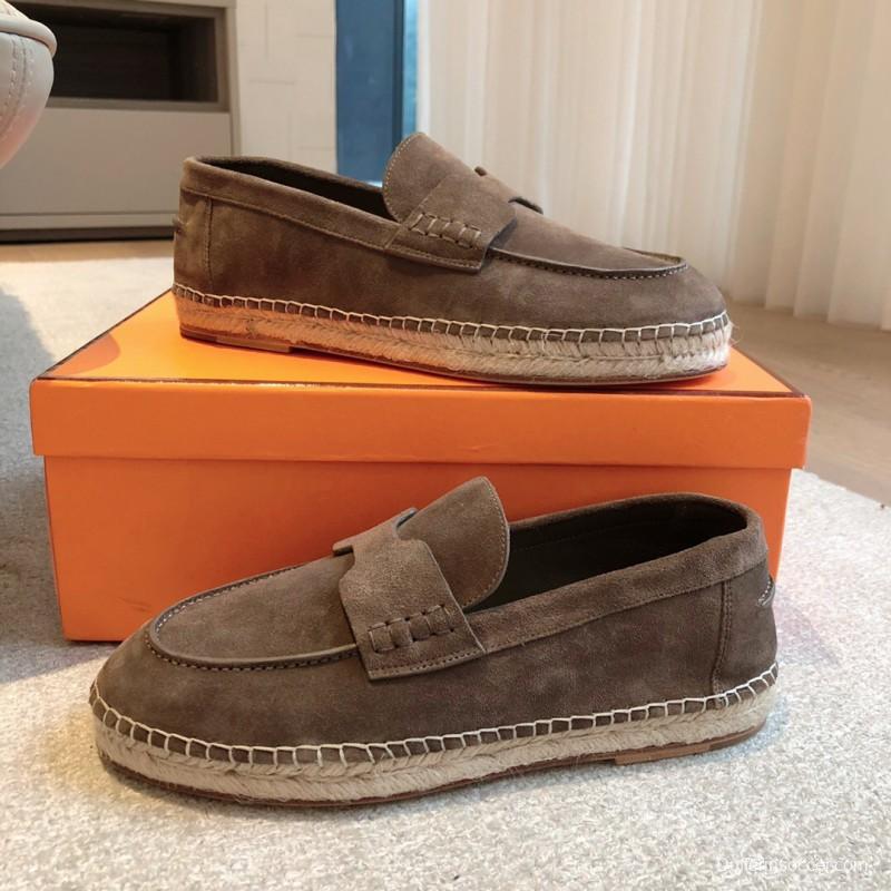 2025 Unisex Hermès Brown Suede Leather Loafers AS00380