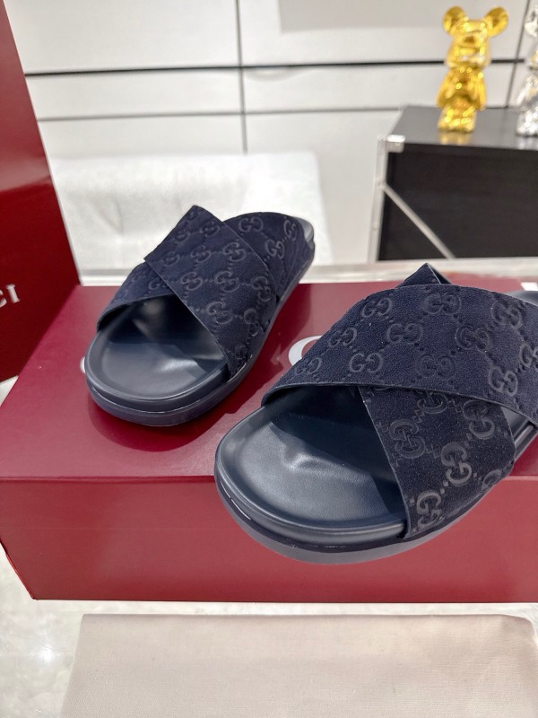 2025 Unisex Gucci Navy Fabric Slippers Double G Embossed AS00240