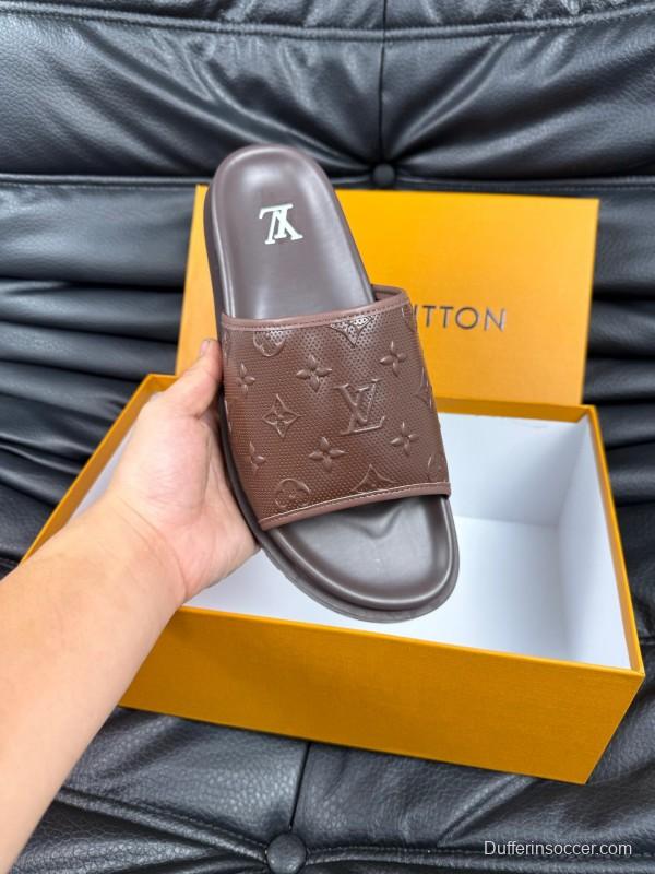 2025 Men Louis Vuitton Brown Leather Slippers AS00170