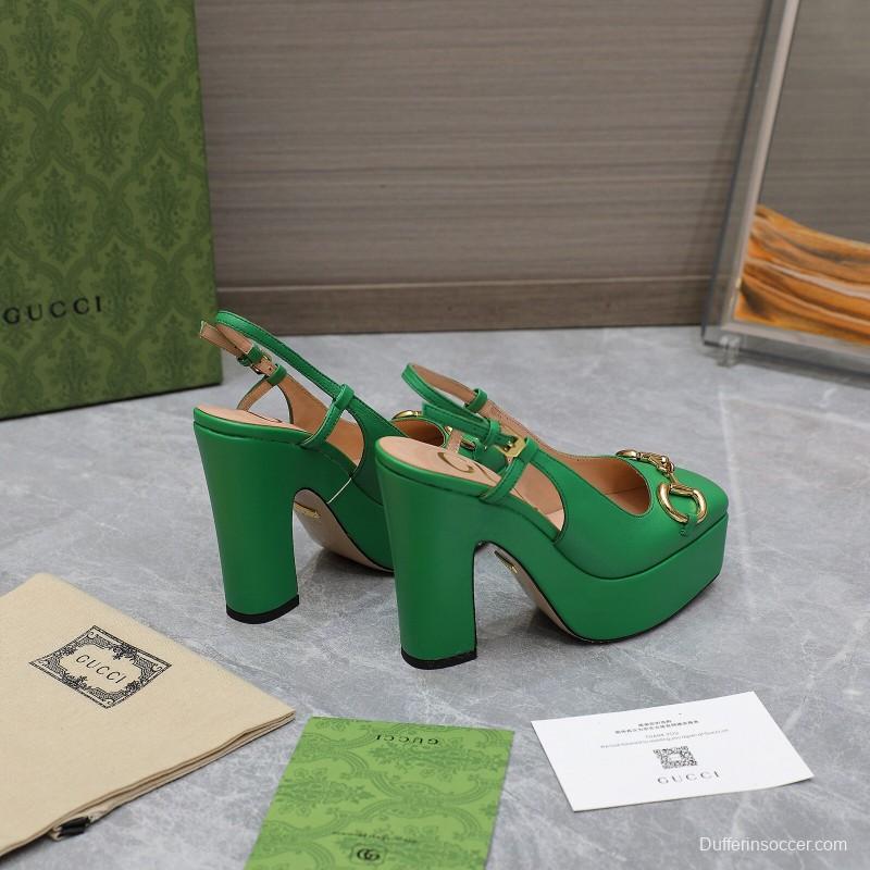 2025 Women Gucci Green Leather Platform High Heels KFY00320