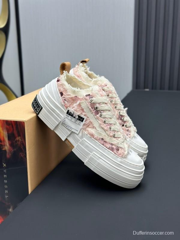 2025 Women XVESSEL Pink White Canvas Plimsolls Distressed AS00260