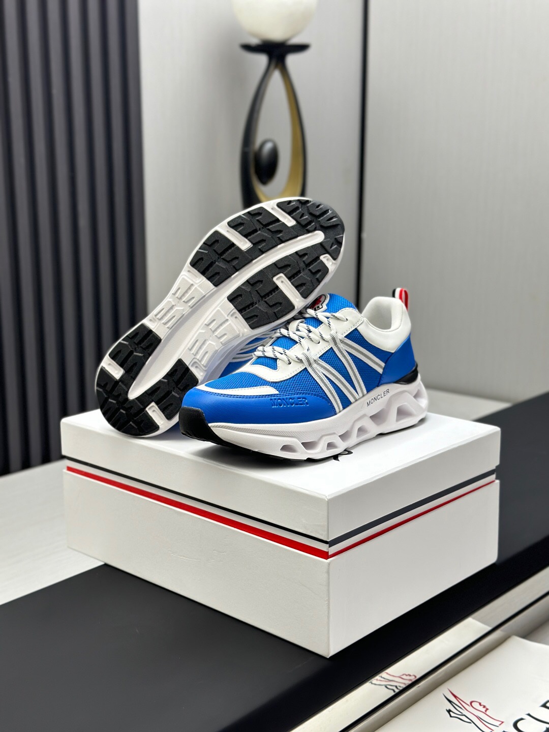 2025 Unisex Moncler Blue White Nylon Mesh Trailgrip GTX Outdoor Sneakers AS00390