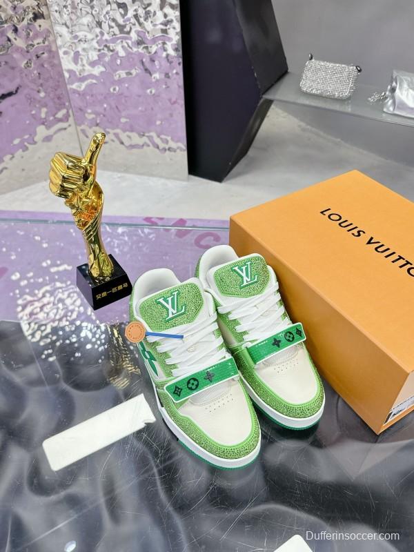 2025 Unisex Louis Vuitton Green White Leather Fabric Plimsolls Handmade Crystal Detailing AS00400
