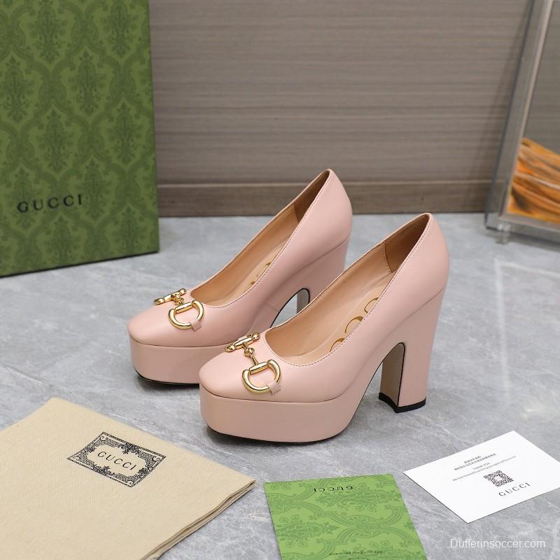 2025 Women Gucci Pink Leather Platform Pumps KFY00320