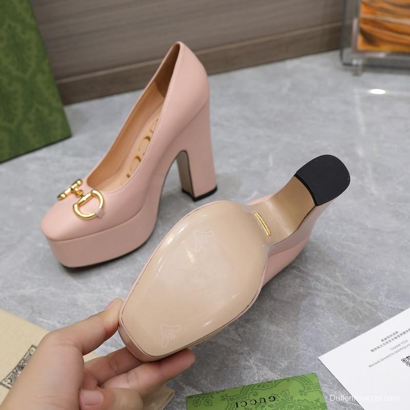 2025 Women Gucci Pink Leather Platform Pumps KFY00320