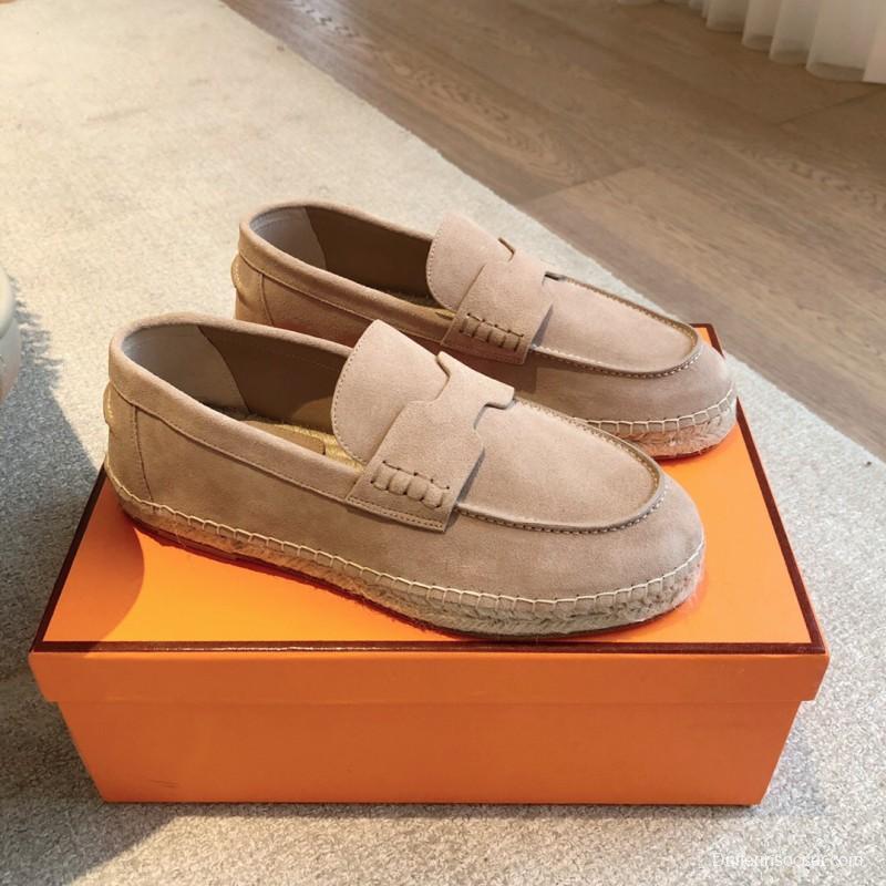 2025 Unisex Hermès Beige Suede Calfskin Loafers AS00380