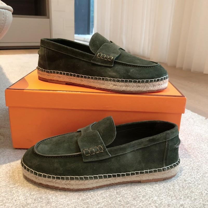 2025 Unisex Hermès Dark Green Suede Leather Loafers AS00380