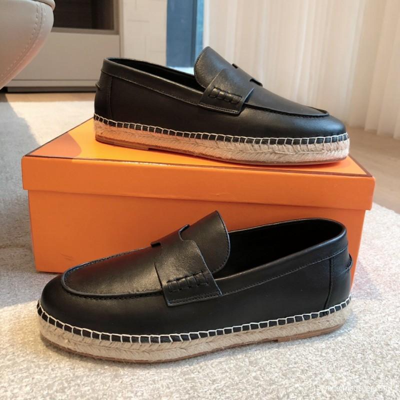 2025 Unisex Hermès Black Calfskin Leather Loafers AS00380