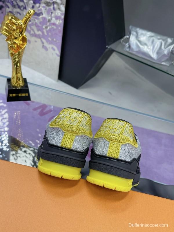 2025 Unisex Louis Vuitton Black Grey Yellow Leather Fabric Plimsolls Handcrafted Rhinestone AS00400