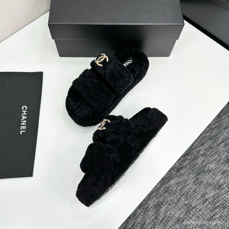 Chanel 2025 SS New Autumn Winter Lazy Sheep Genuine Wool Lazy Slippers Chanel Quilted Platform Fur Slippers - LY00300