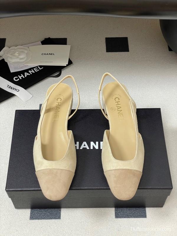Chanel Sling-back Two-Tone Suede Slingback Sandals Flat/Block Heel - KFY00280