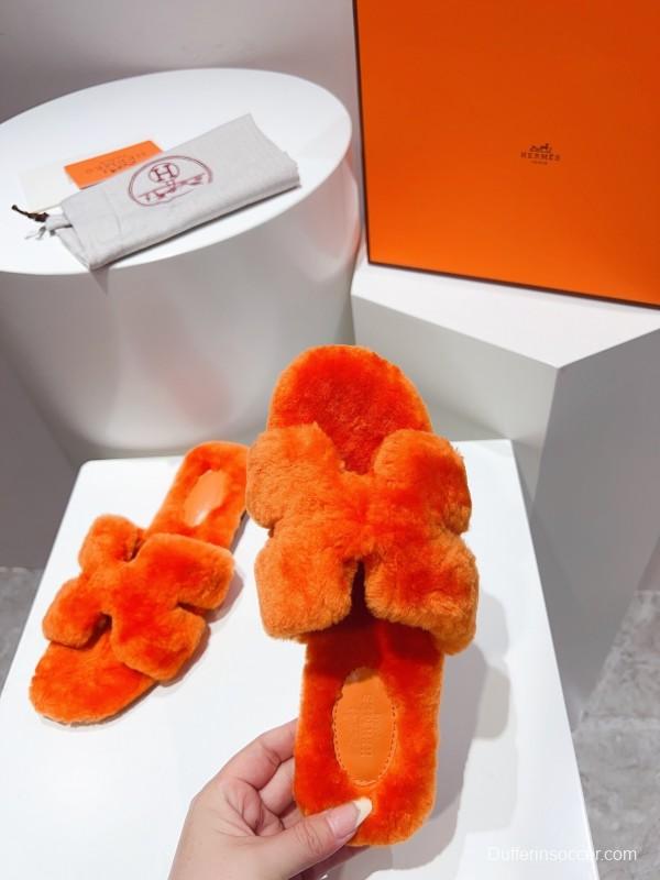 Hermès Teddy Wool H Slippers Flat Sole Fur Slides - LY00240